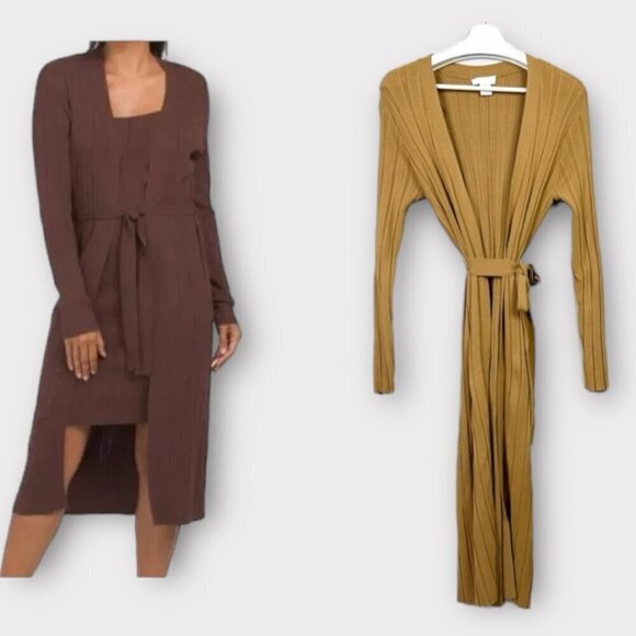 House of Harlow 1960 Duster Length Tie Front Ribbed Cardigan Tan - Picture 1 of 10